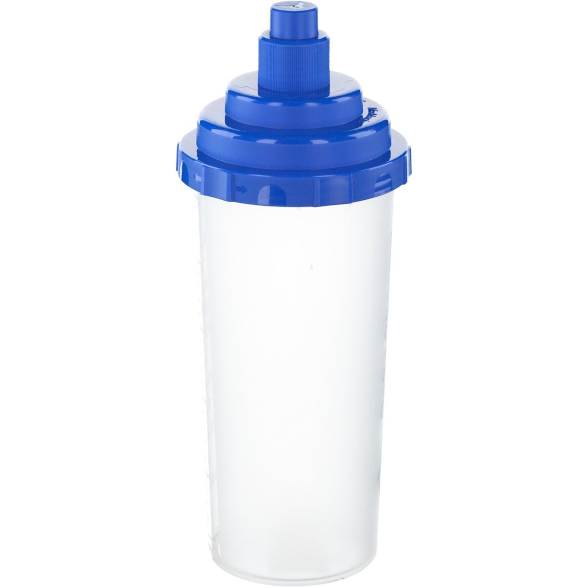 Shaker transparent avec couvercle bleu. Le shaker est vide.