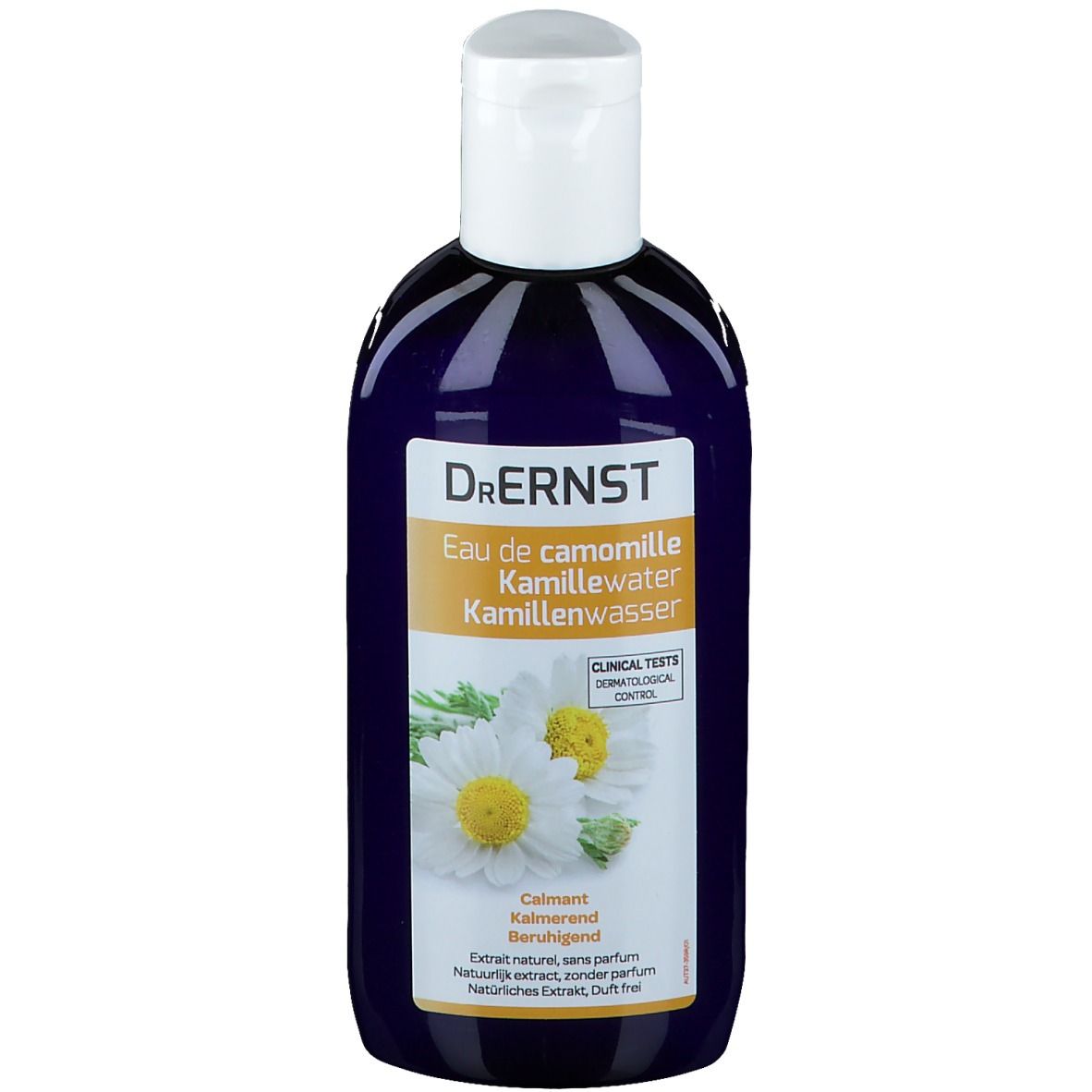 Flacone blu scuro con tappo bianco. Scritta: Dr. Ernst, Eau de camomille Kamillenwasser. Etichetta con fiori di camomilla.