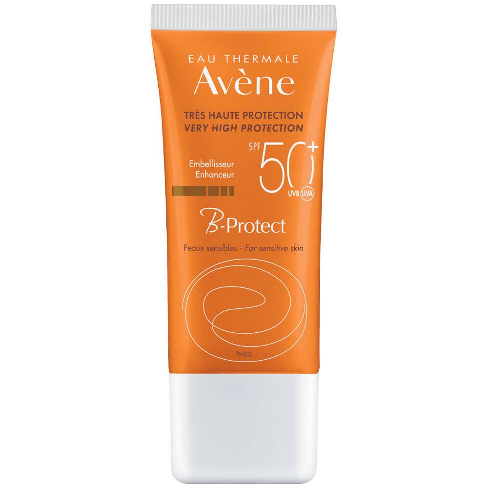 Oranje tube met witte dop. Tekst: Eau Thermale Avène, SPF 50+, B-Protect. Voor gevoelige huid.