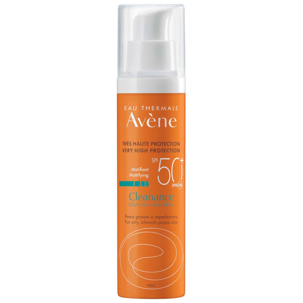 Avène Solar-Reinigung SPF50+ fles. Oranje etiket met witte tekst. Pompsluiting. SPF 50+.