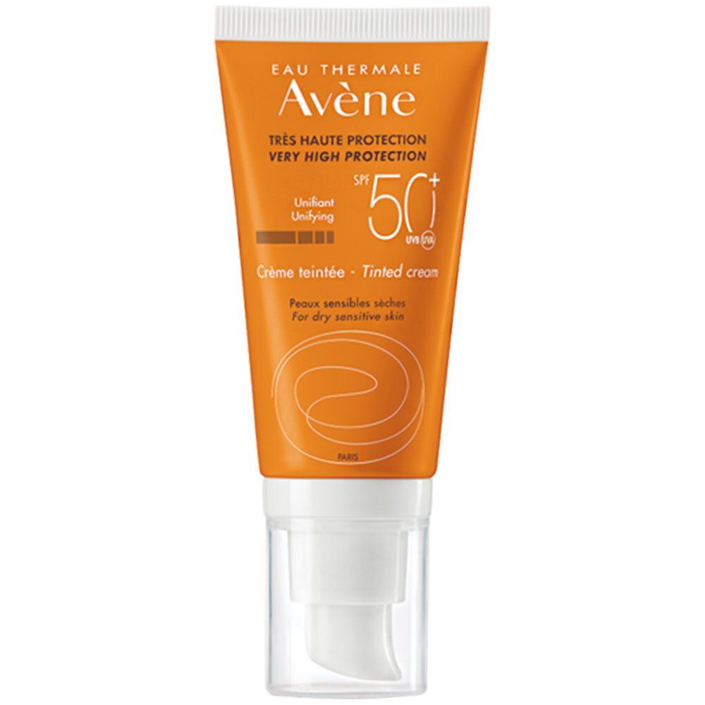 Tube orange avec pompe blanche. Inscription: Avène, SPF 50+, Crème teintée.
