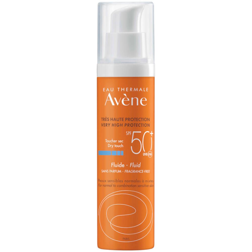 Orangefarbene Flasche mit weißem Pumpkopf. Aufschrift: Eau Thermale Avène, SPF 50+, Flui-de, ohne Duftstoffe. Für normale bis Mischhaut.
