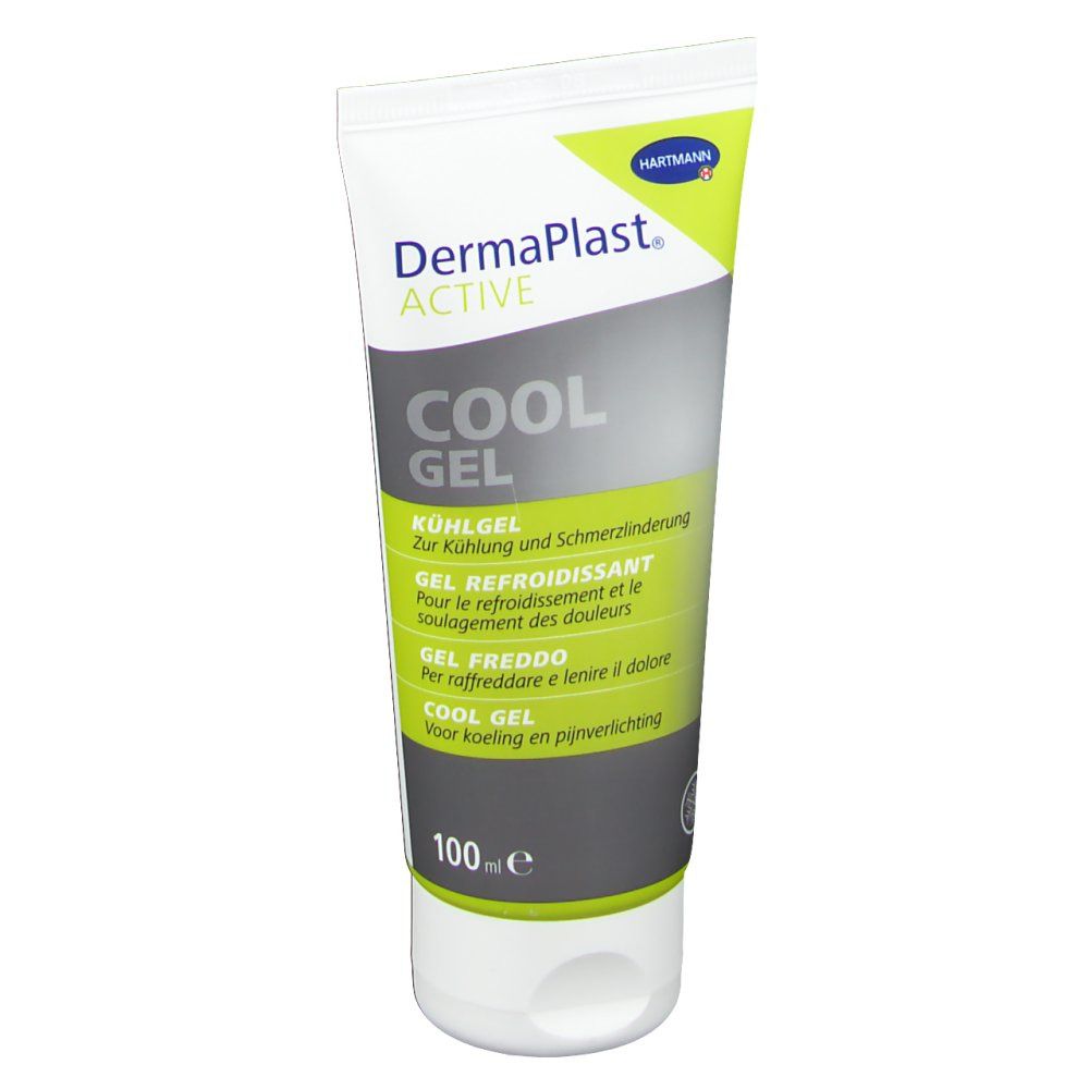 Tube DermaPlast® Active Cool Gel. Weiß, grün und grau. Text: Kühlgel, 100 ml. Hartmann Logo.