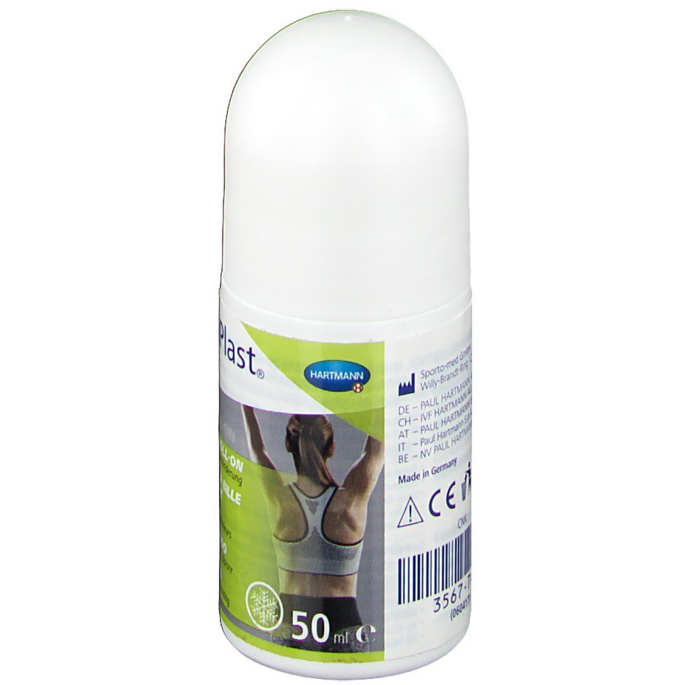 Roll-on blanc avec des accents verts. Inscription : Dermaplast Active Cool Roll-On. 50 ml. Avec logo Hartmann.
