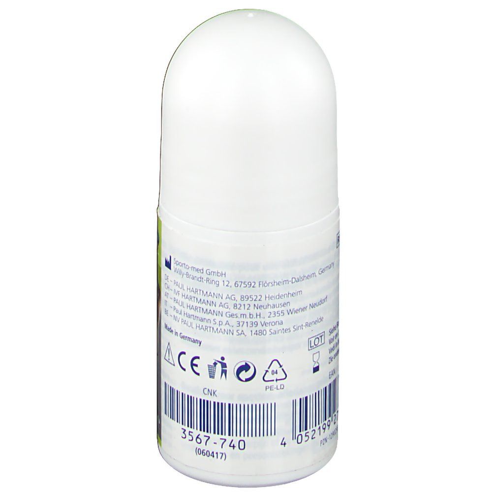 Dos d'un roll-on blanc. Inscriptions : informations du fabricant, numéro de lot, code EAN et symboles de recyclage.