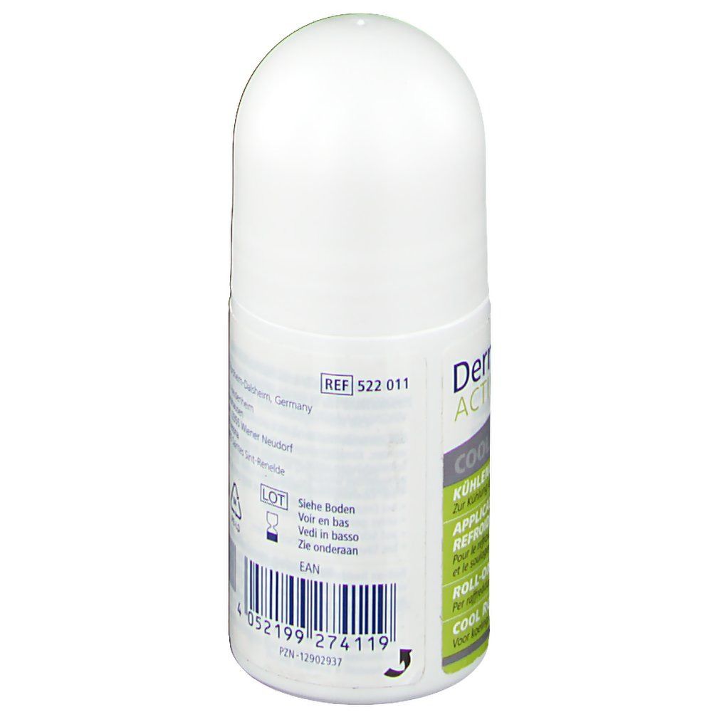 Dos d'un roll-on blanc. Inscriptions : REF 522 011, numéro de lot, code EAN et symboles de recyclage.