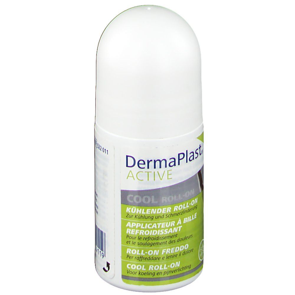 Roll-on blanc avec des accents verts. Inscription : Dermaplast Active Cool Roll-On. Roll-on rafraîchissant.