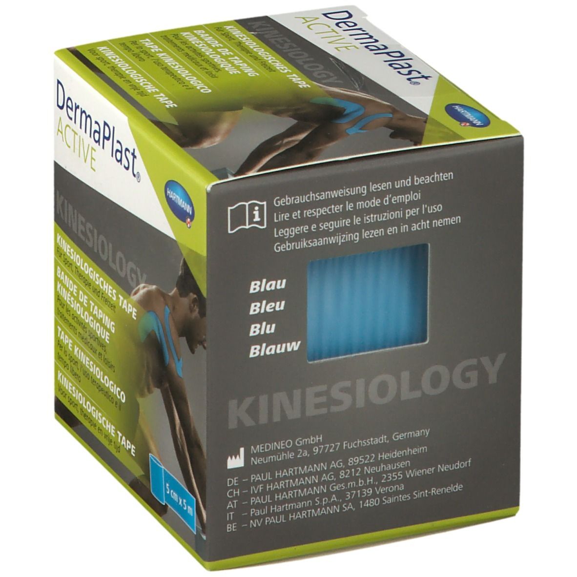 Karton mit Dermaplast® Active Kinesiology Tape. Blaue Tape-Rolle sichtbar. Text: Blau, Bleu, Blauw. Herstellerinformationen.