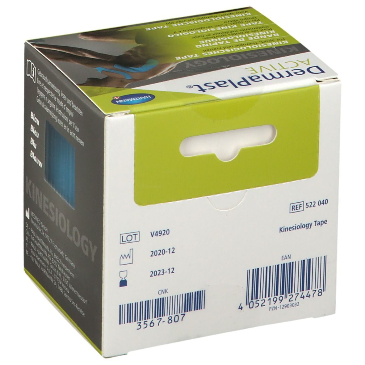 Rückseite der Dermaplast® Active Kinesiology Tape Verpackung. Produktinformationen, Chargennummer, Verfallsdatum und EAN-Code.