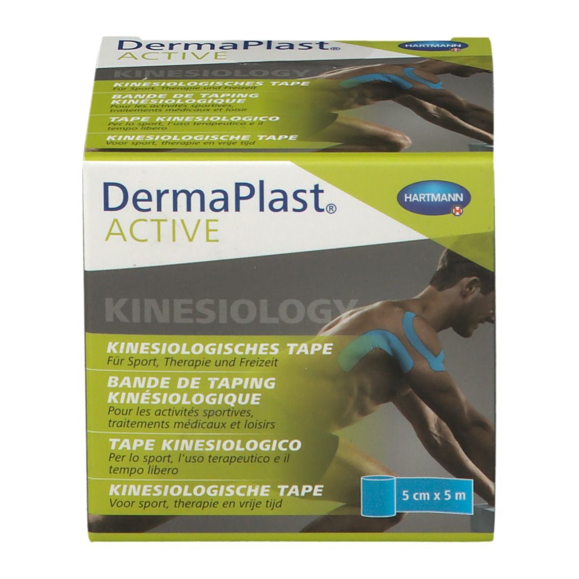 Dermaplast® Active Kinesiology Tape Verpackung. Produktname, Logo und Text. Abbildung eines Sportlers mit Tape. Größe: 5 cm x 5 m.