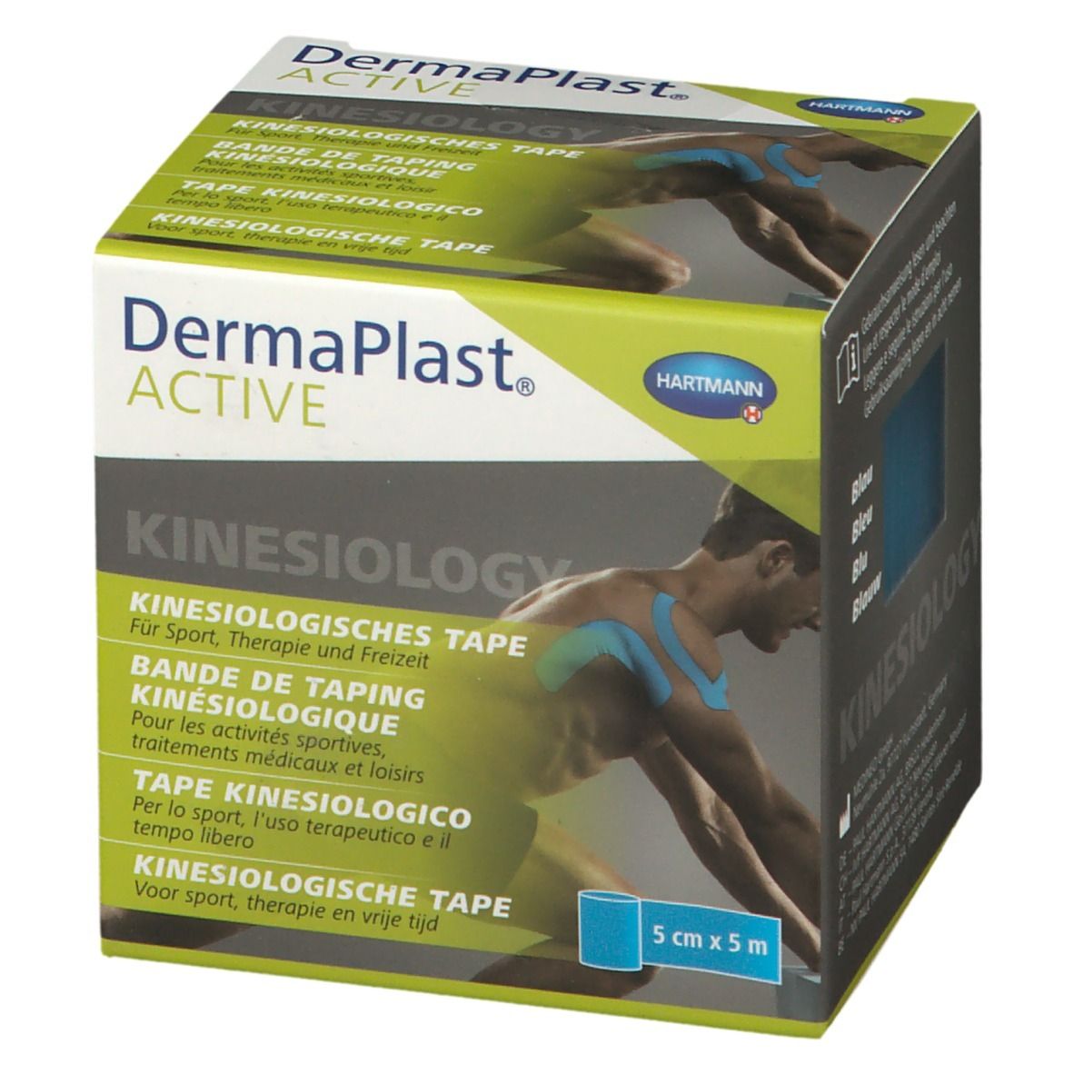 Dermaplast® Active Kinesiology Tape Verpackung. Produktname, Logo und Text. Blaue Tape-Rolle sichtbar. Größe: 5 cm x 5 m.