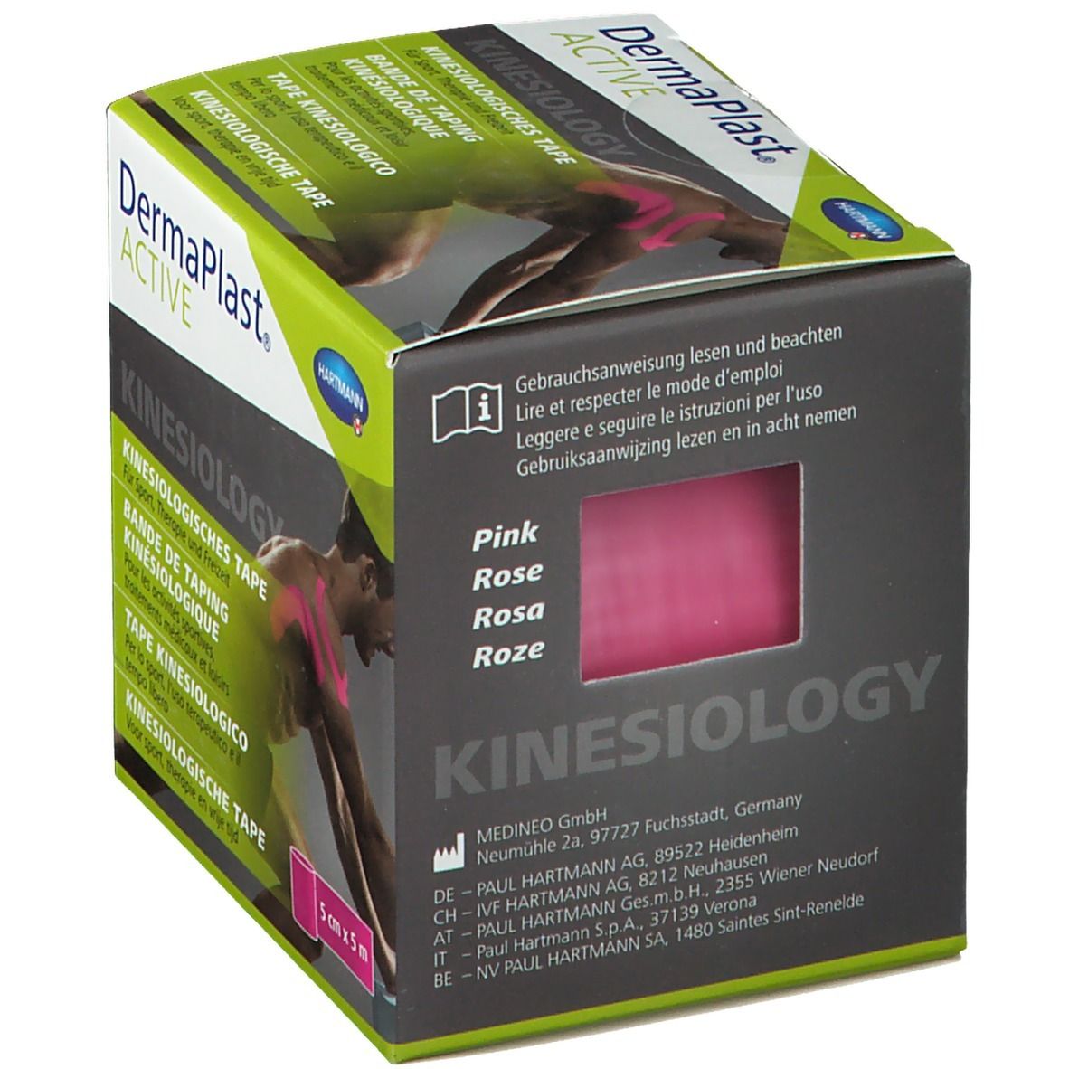 Karton mit Dermaplast® Active Kinesiology Tape. Rosa Tape sichtbar. Produktname und Logo. Größe: 5 cm x 5 m.