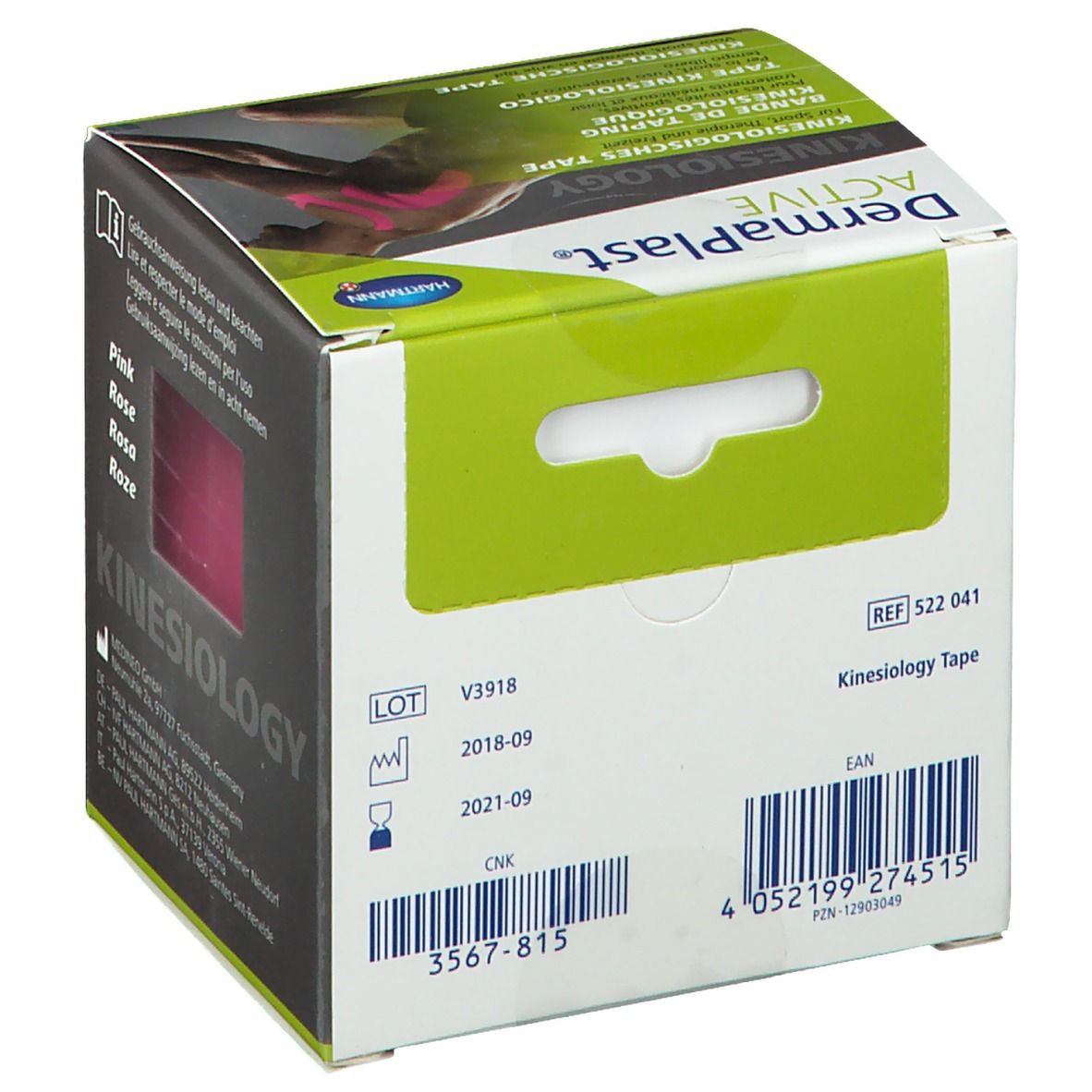 Rückseite der Verpackung von Dermaplast® Active Kinesiology Tape. Produktinformationen, Chargennummer, EAN-Code.