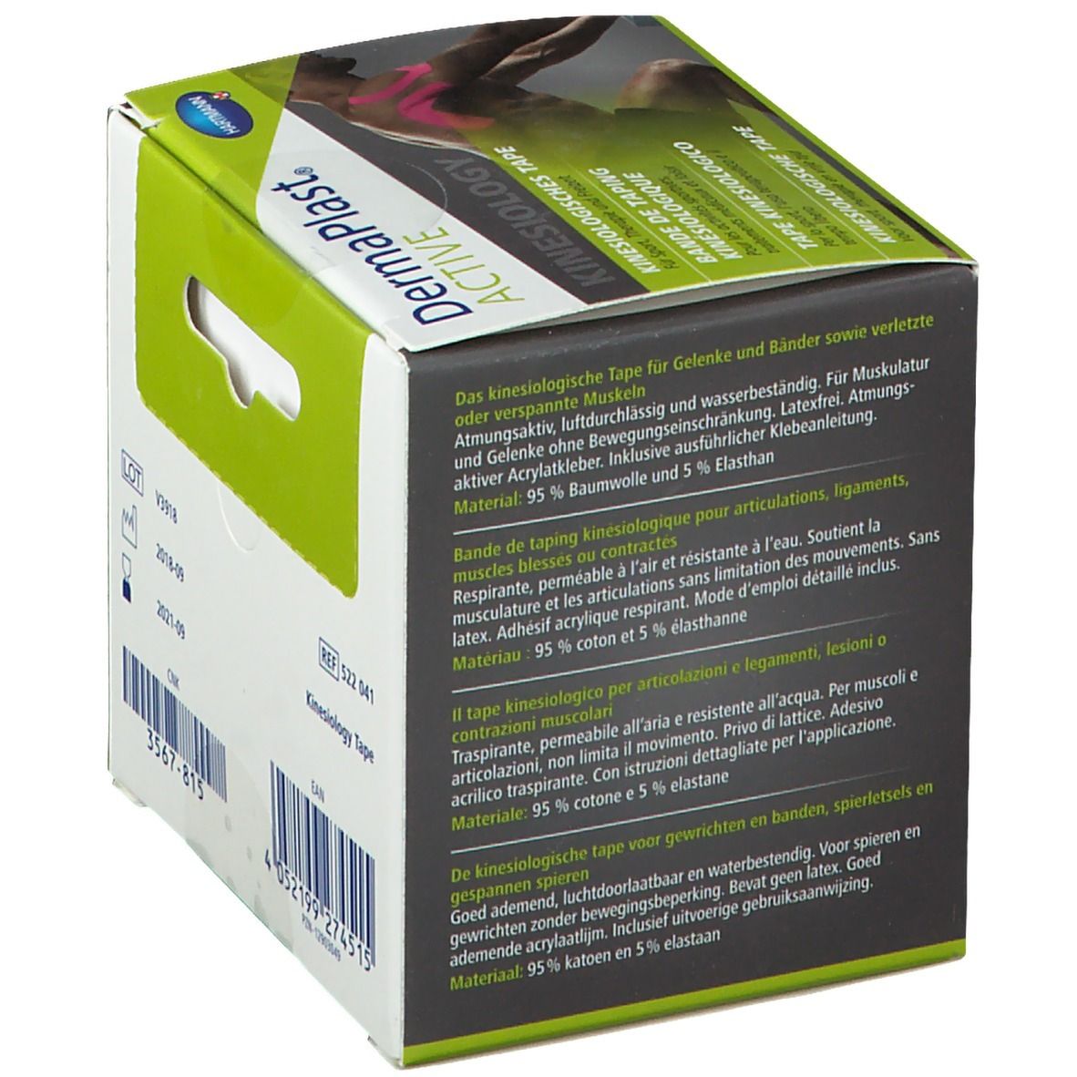 Verpackung von Dermaplast® Active Kinesiology Tape. Produktbeschreibung in mehreren Sprachen. Material: 95% Baumwolle, 5% Elasthan.