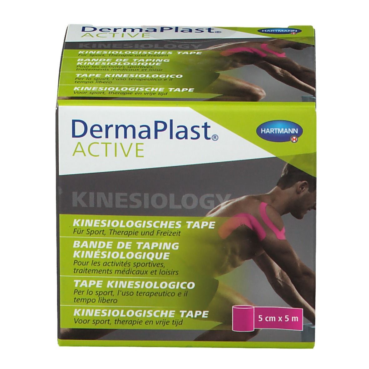 Karton mit Dermaplast® Active Kinesiology Tape. Produktname und Logo. Rosa Tape-Rolle. Größe: 5 cm x 5 m.
