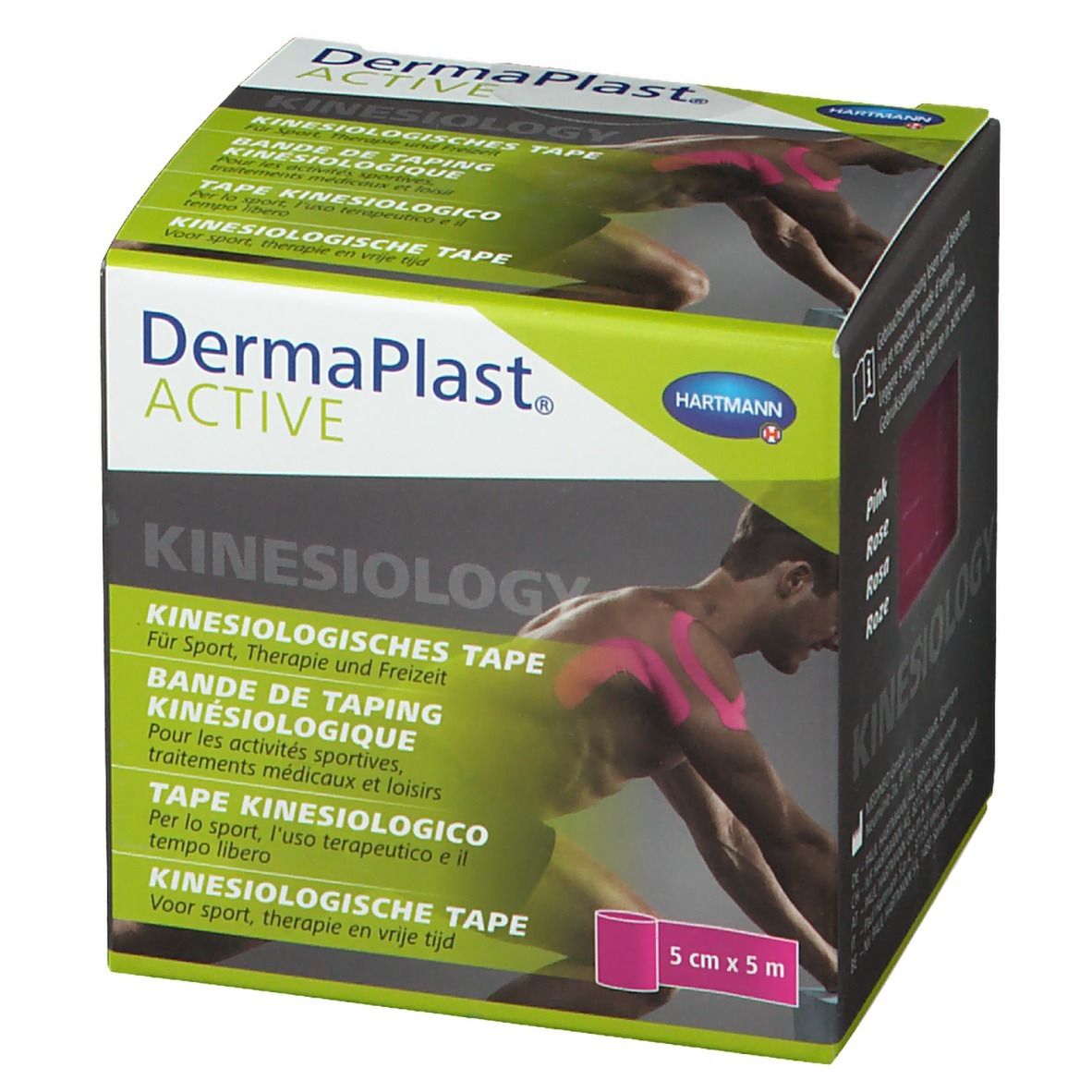 Karton mit Dermaplast® Active Kinesiology Tape. Produktname und Logo. Rosa Tape-Rolle. Größe: 5 cm x 5 m.