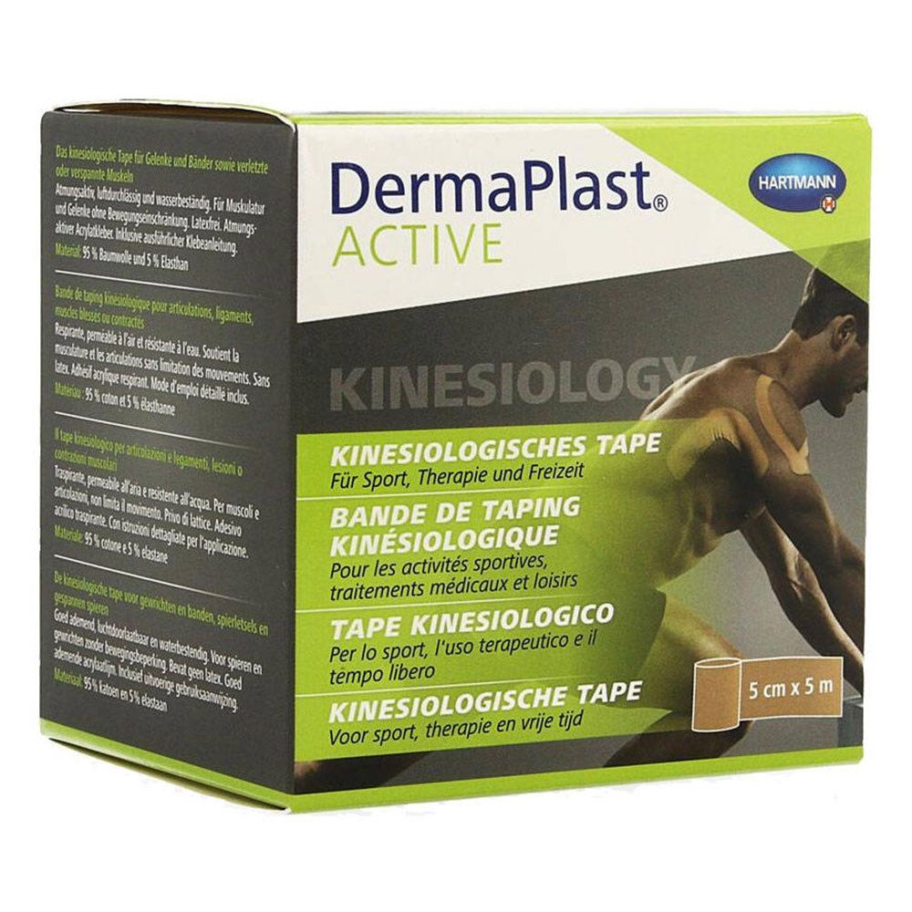 Dermaplast® Active Kinesiology Tape, beige, 5 cm x 5 m. Verpackung mit Produktabbildung und Text in mehreren Sprachen.