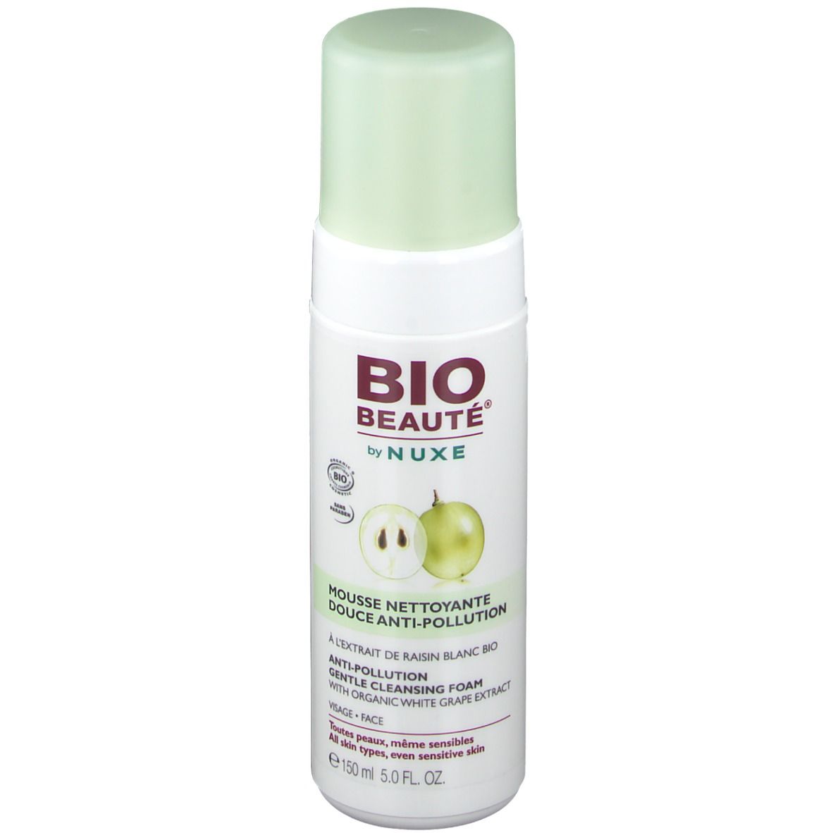 Flacone bianco con tappo verde. Scritta: BIO BEAUTÉ by NUXE. Illustrazione di uva. Testo: Mousse nettoyante douce anti-pollution.