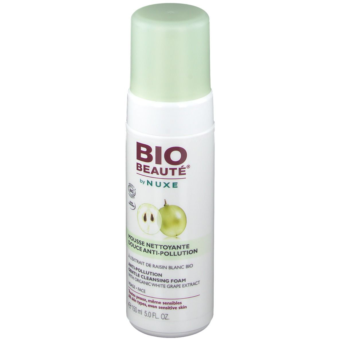 Flacone bianco con tappo verde. Scritta: BIO BEAUTÉ by NUXE. Illustrazione di uva. Testo: Mousse nettoyante douce anti-pollution.