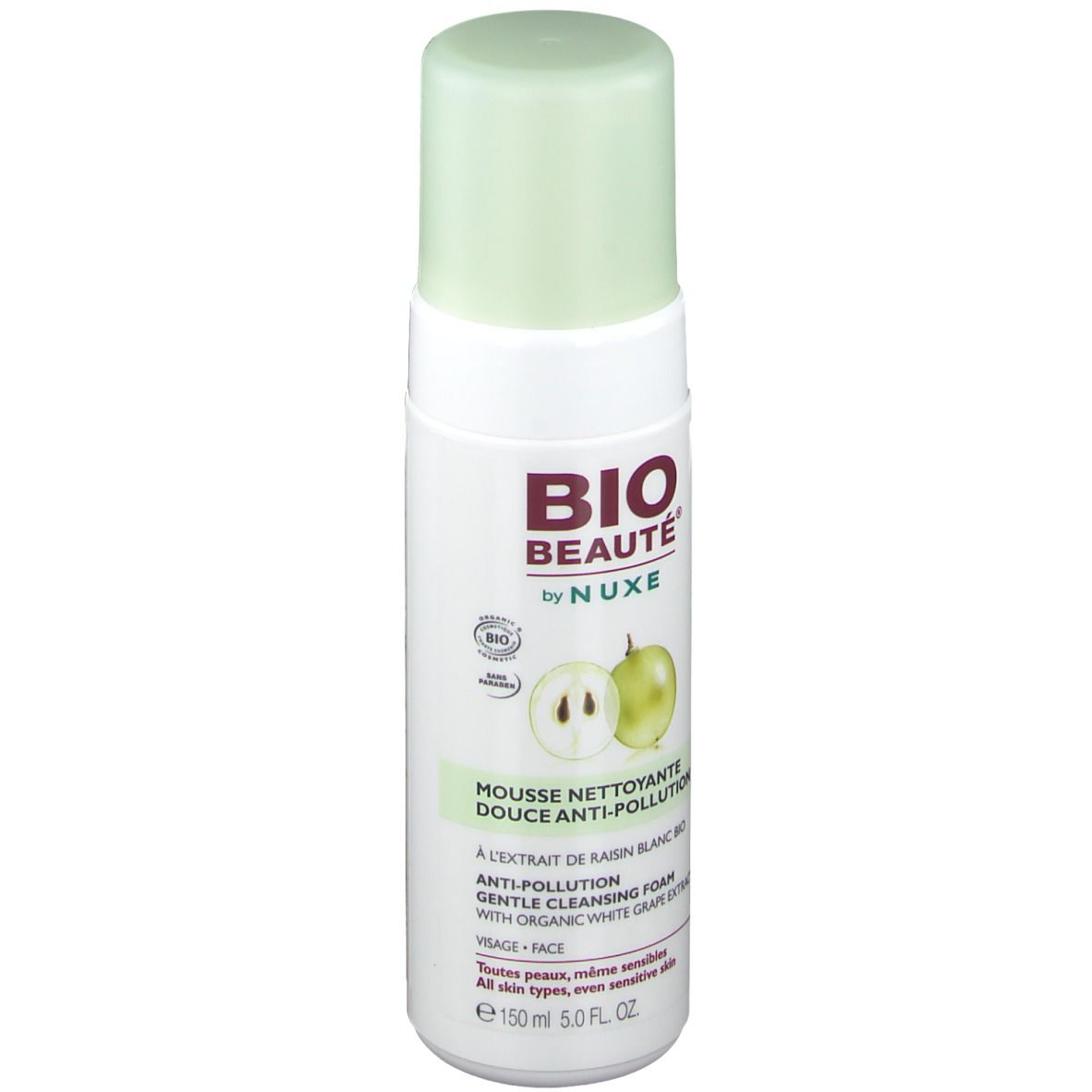 Flacone bianco con tappo verde. Scritta: BIO BEAUTÉ by NUXE. Illustrazione di uva. Testo: Mousse nettoyante douce anti-pollution.