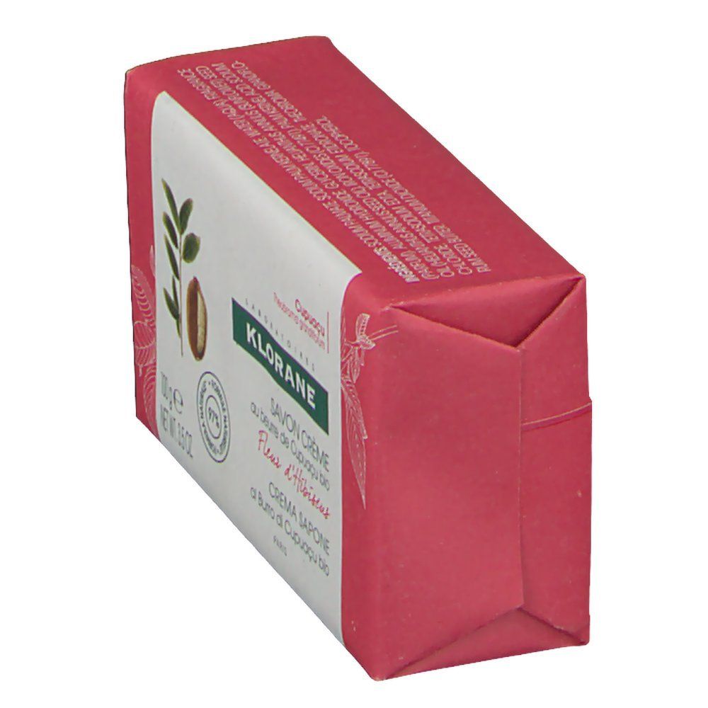 Emballage rose de la crème de savon Klorane Fleur d'Hibiscus. Inscriptions avec nom du produit, logo et ingrédients.