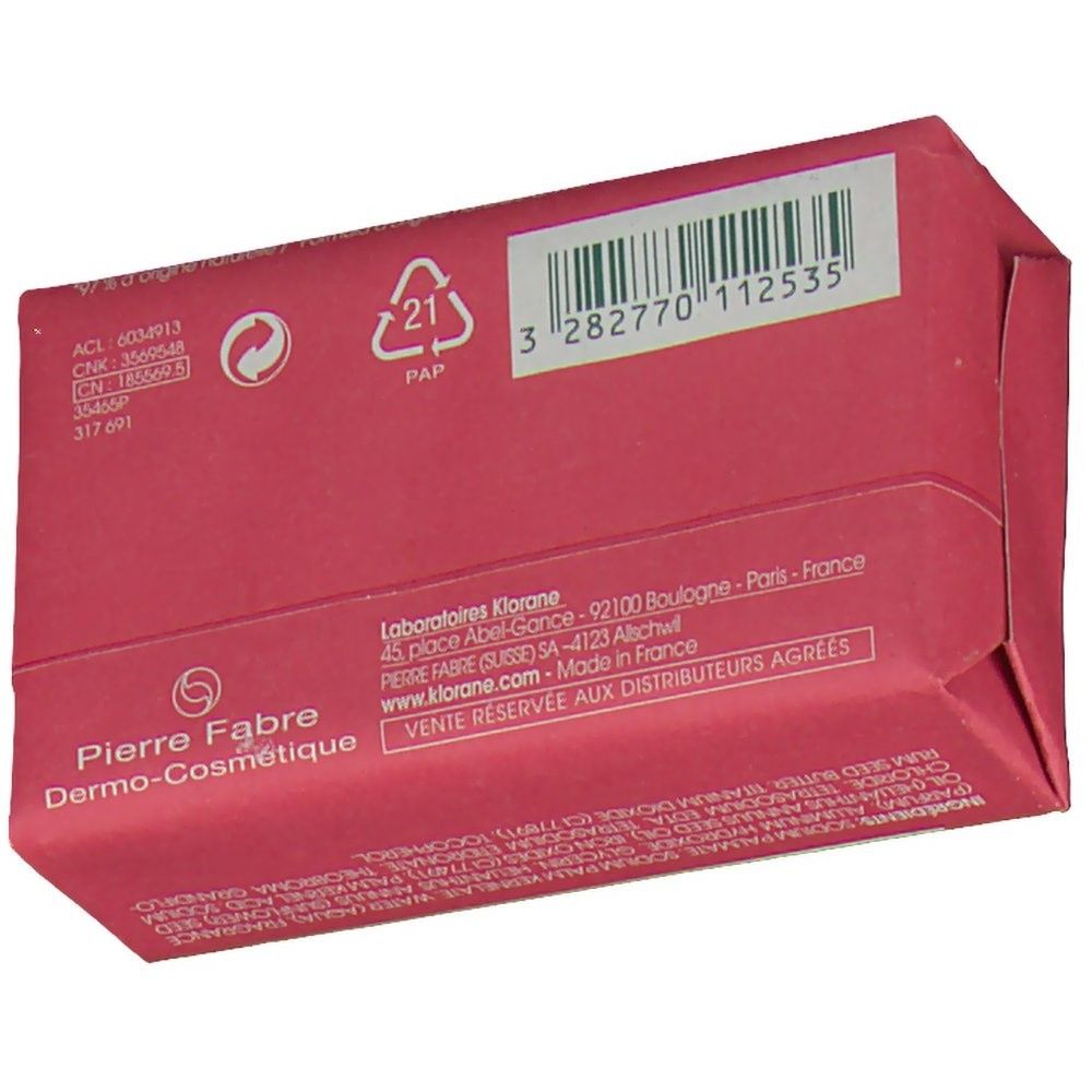 Dos de l'emballage rose du savon Klorane. Code-barres, informations fabricant et logos.
