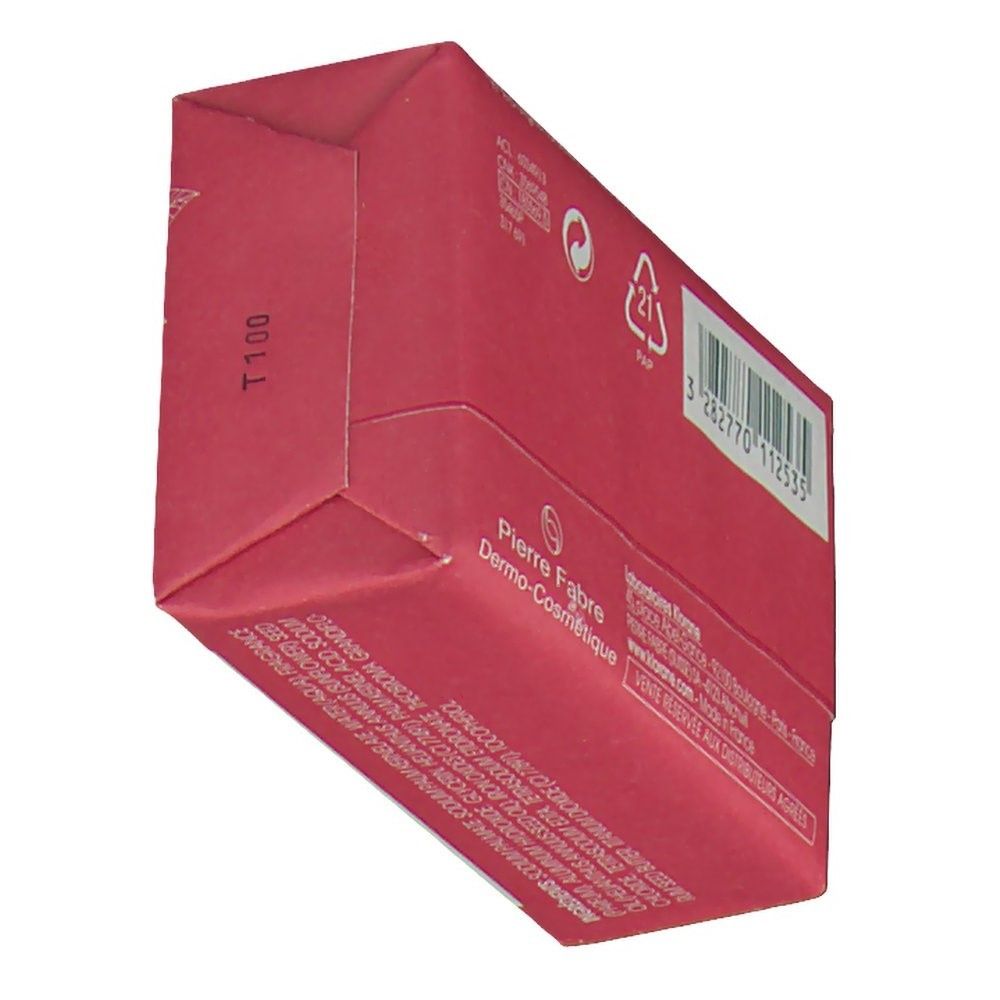 Vue latérale de l'emballage rose du savon Klorane. Code-barres, informations fabricant et logos.