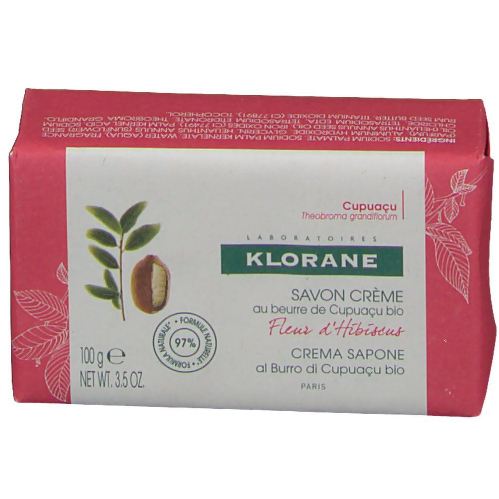 Savon crème Klorane Fleur d'Hibiscus dans un emballage rose. Nom du produit, logo, ingrédients et poids.