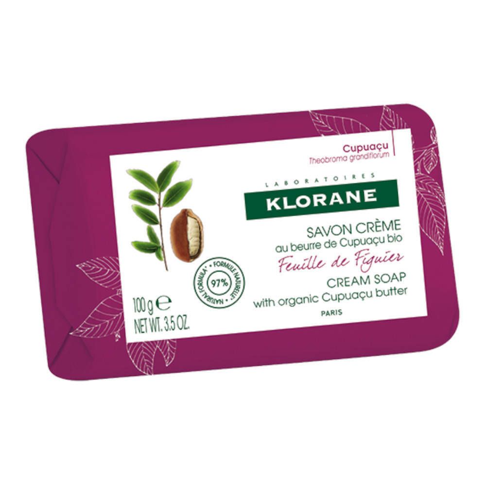 Savon crème Klorane, emballage violet. Inscription: Savon Crème au beurre de Cupuaçu bio, Feulle de Figuier. 100g.