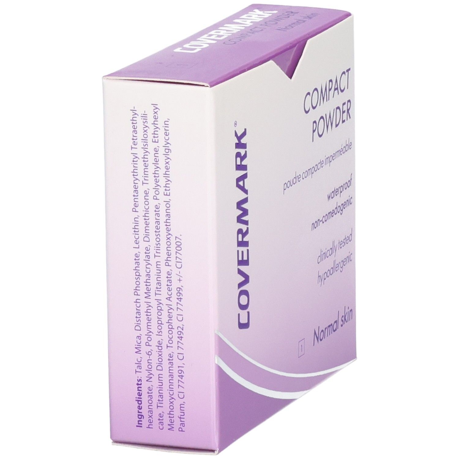 Covermark Compact Powder Verpackung mit Inhaltsstoffliste und Produktinformationen.