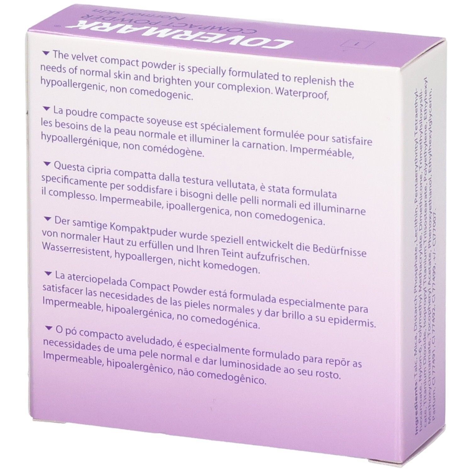 Verpackung für Covermark Kompaktpuder, lila und weiß.