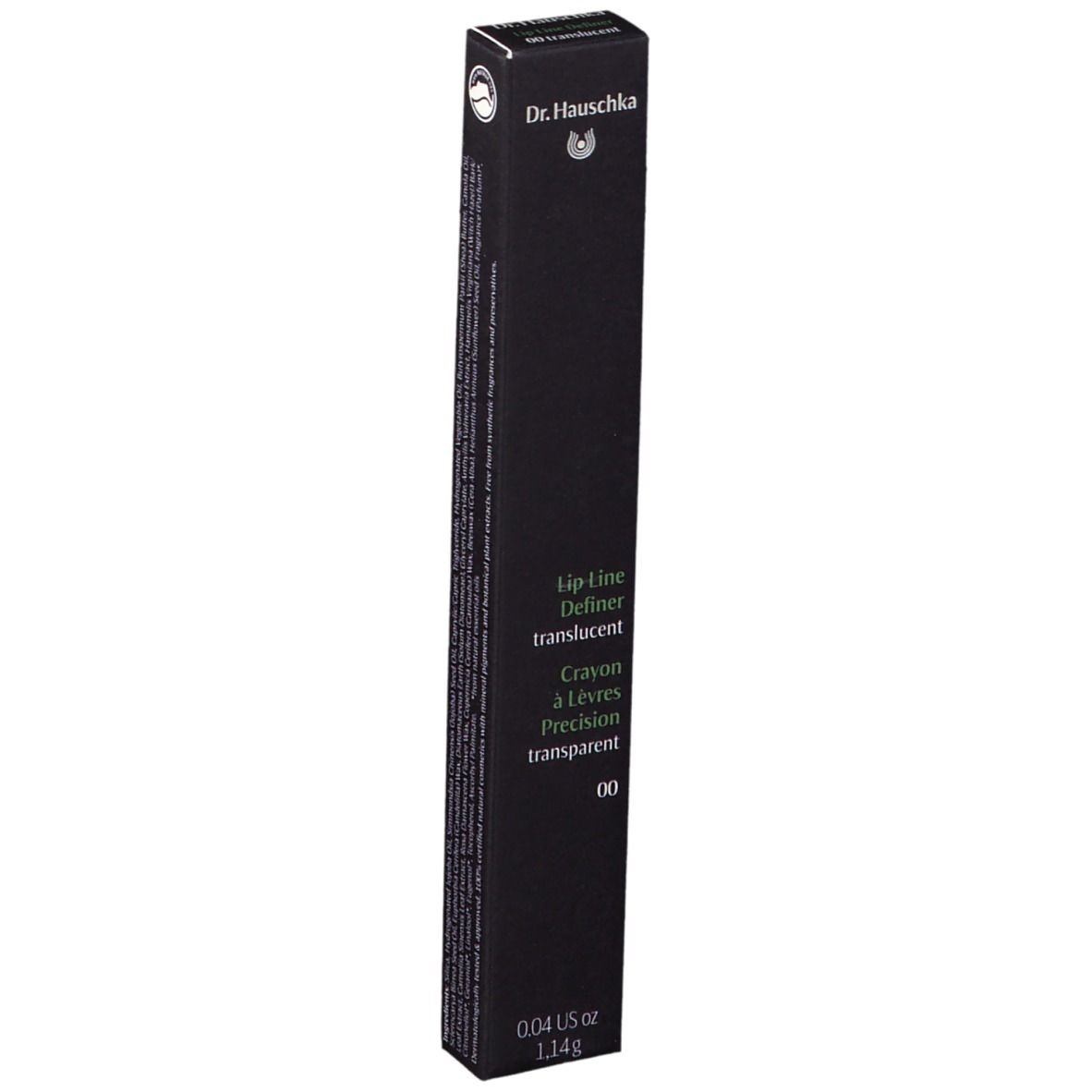 Zwarte verpakking met productnaam: Lip Line Definer transparent 00. Merk: Dr. Hauschka. Gewicht: 1.14g.