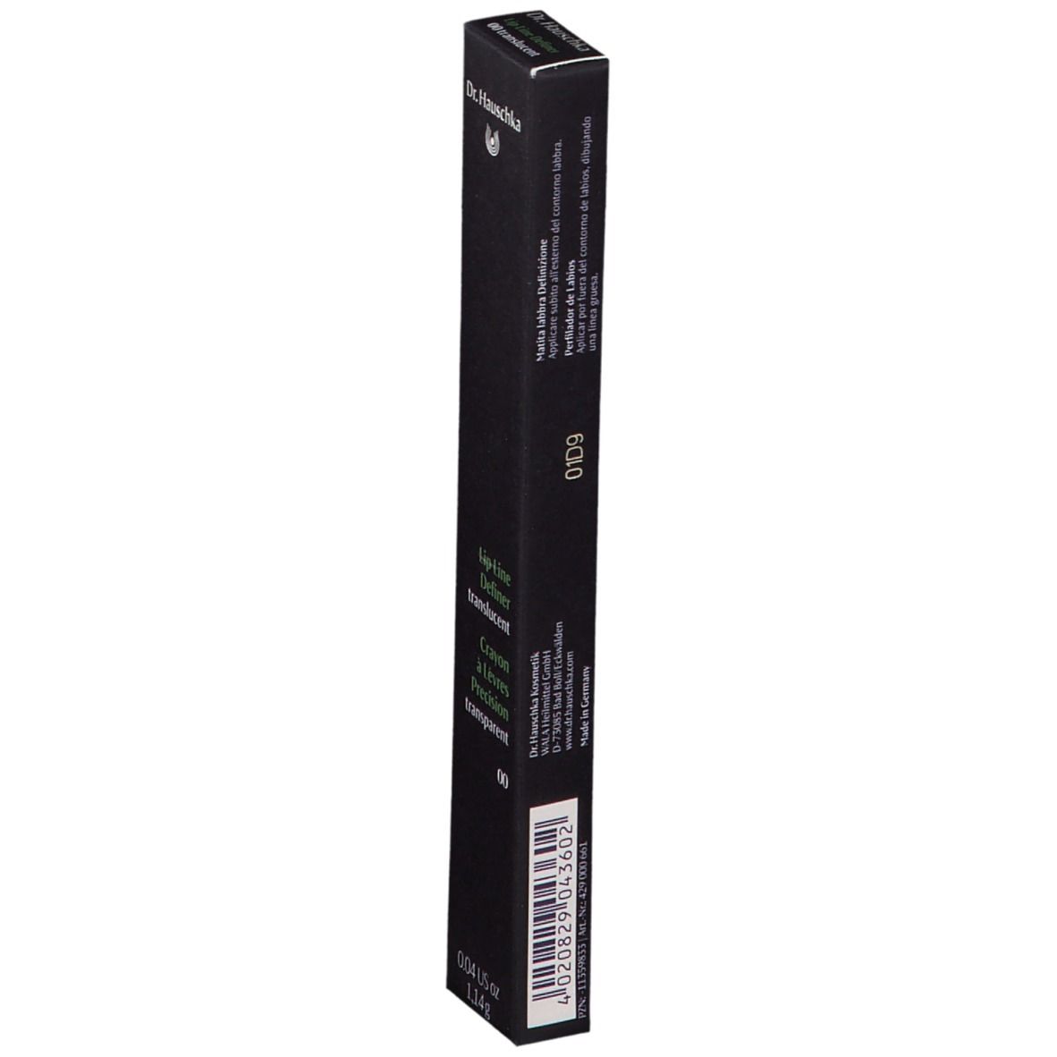Zwarte verpakking met productnaam: Lip Line Definer transparent 00. Merk: Dr. Hauschka. Achterkant met tekst en barcode.