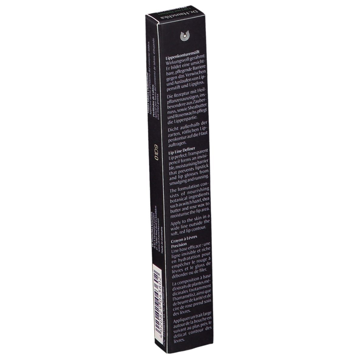 Zwarte verpakking met productinformatie: Lip Line Definer transparent 00. Merk: Dr. Hauschka. Tekst in meerdere talen.