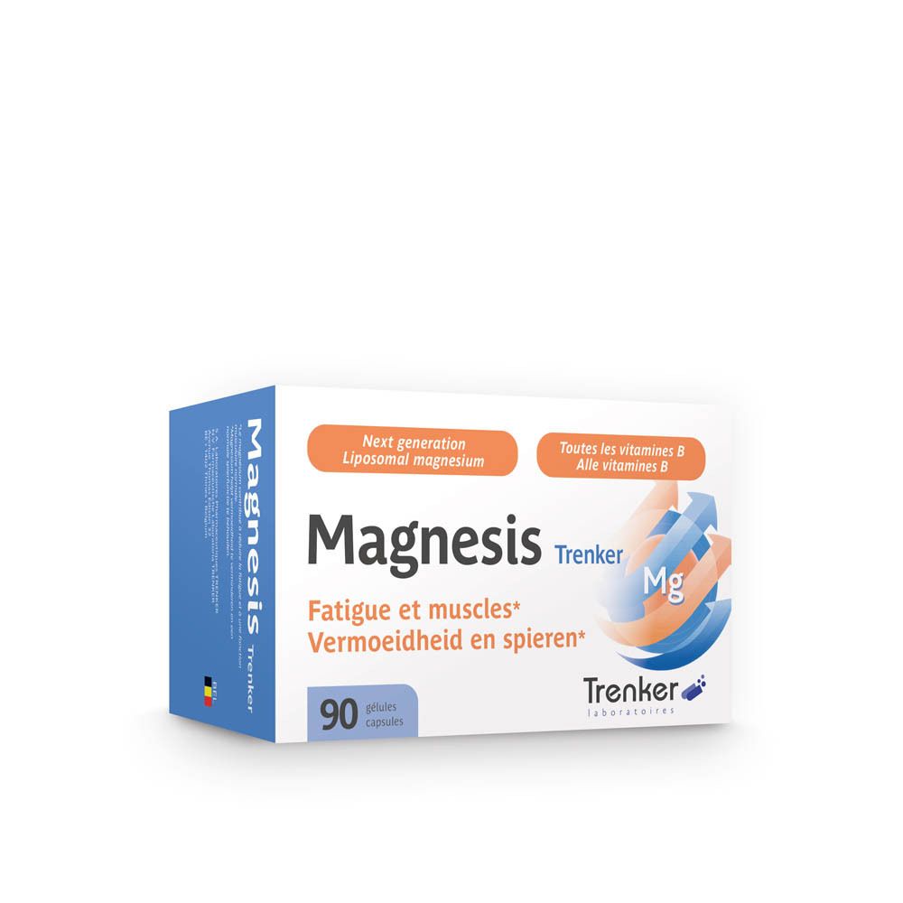 Schachtel "Magnesis Trenker" mit 90 Kapseln. Aufschrift: "Fatigue et muscles". Enthält Magnesium und Vitamine B.
