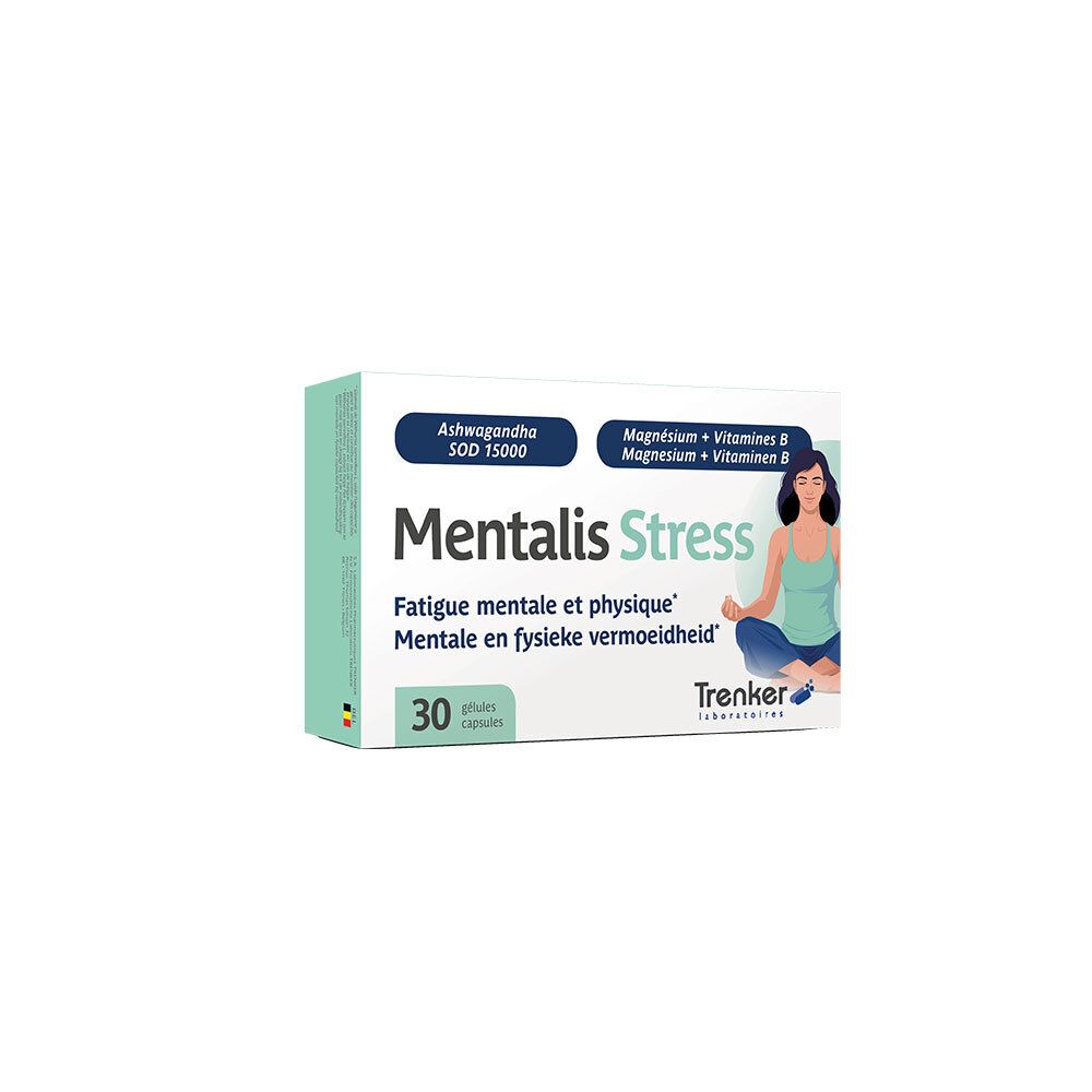 Schachtel "Mentalis Stress" mit 30 Kapseln. Enthält Ashwagandha, Magnesium und Vitamine B. Frau im Yoga.