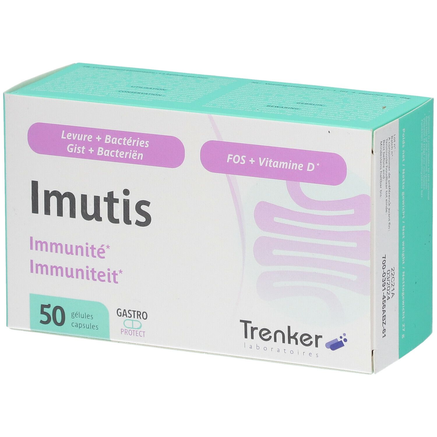Boîte Imutis Immunité, 50 gélules. Inscriptions : Levure + Bactéries, FOS + Vitamine D, Gastro Protect. Marque : Trenker.