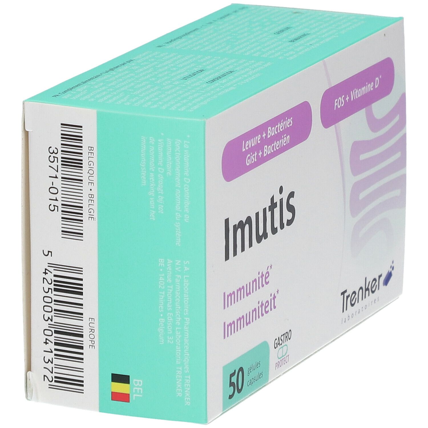 Boîte Imutis Immunité, 50 gélules. Inscriptions : Levure + Bactéries, FOS + Vitamine D, Gastro Protect. Marque : Trenker. Code-barres et drapeau belge.