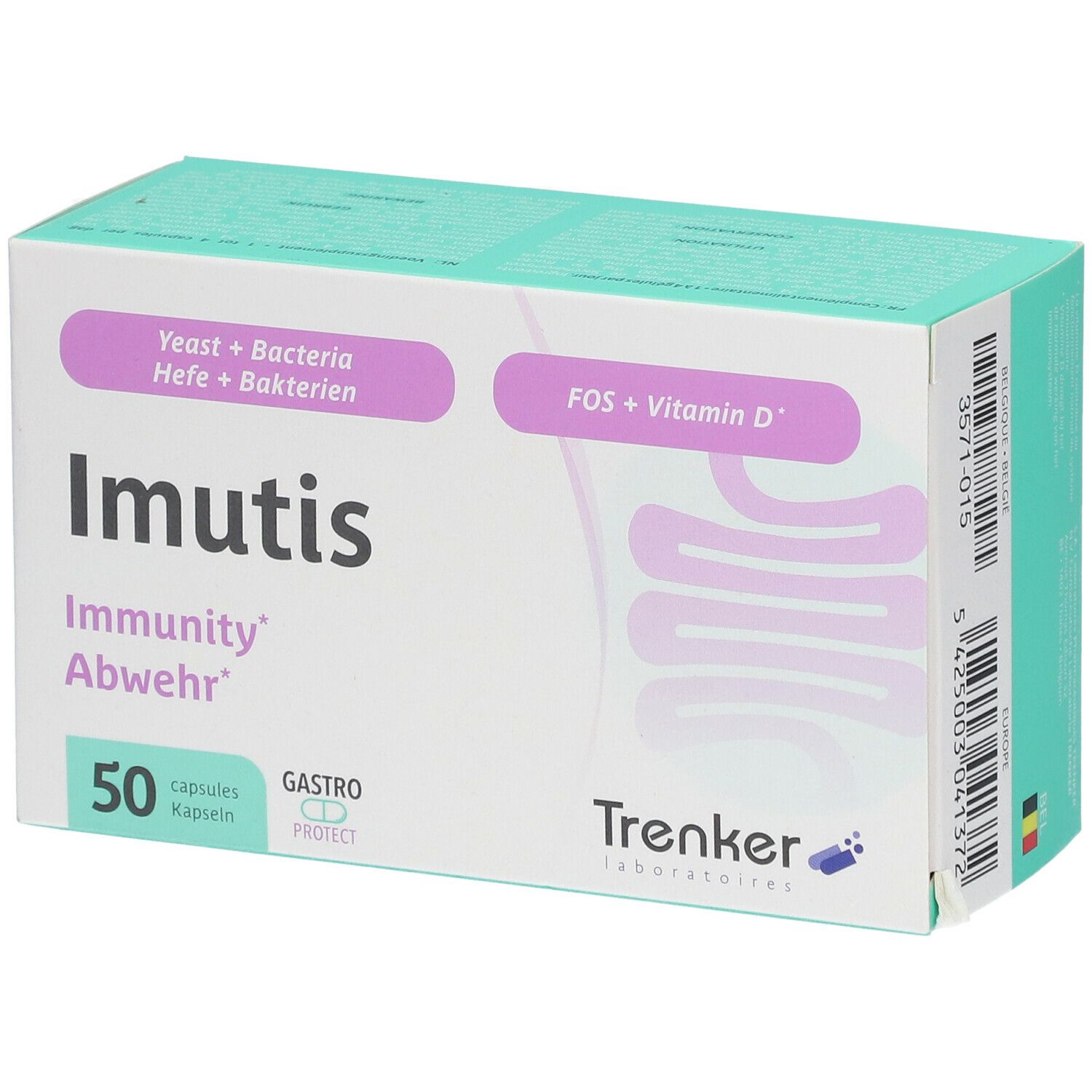 Boîte Imutis Immunity Abwehr, 50 gélules. Inscriptions : Yeast + Bacteria, FOS + Vitamine D, Gastro Protect. Marque : Trenker.