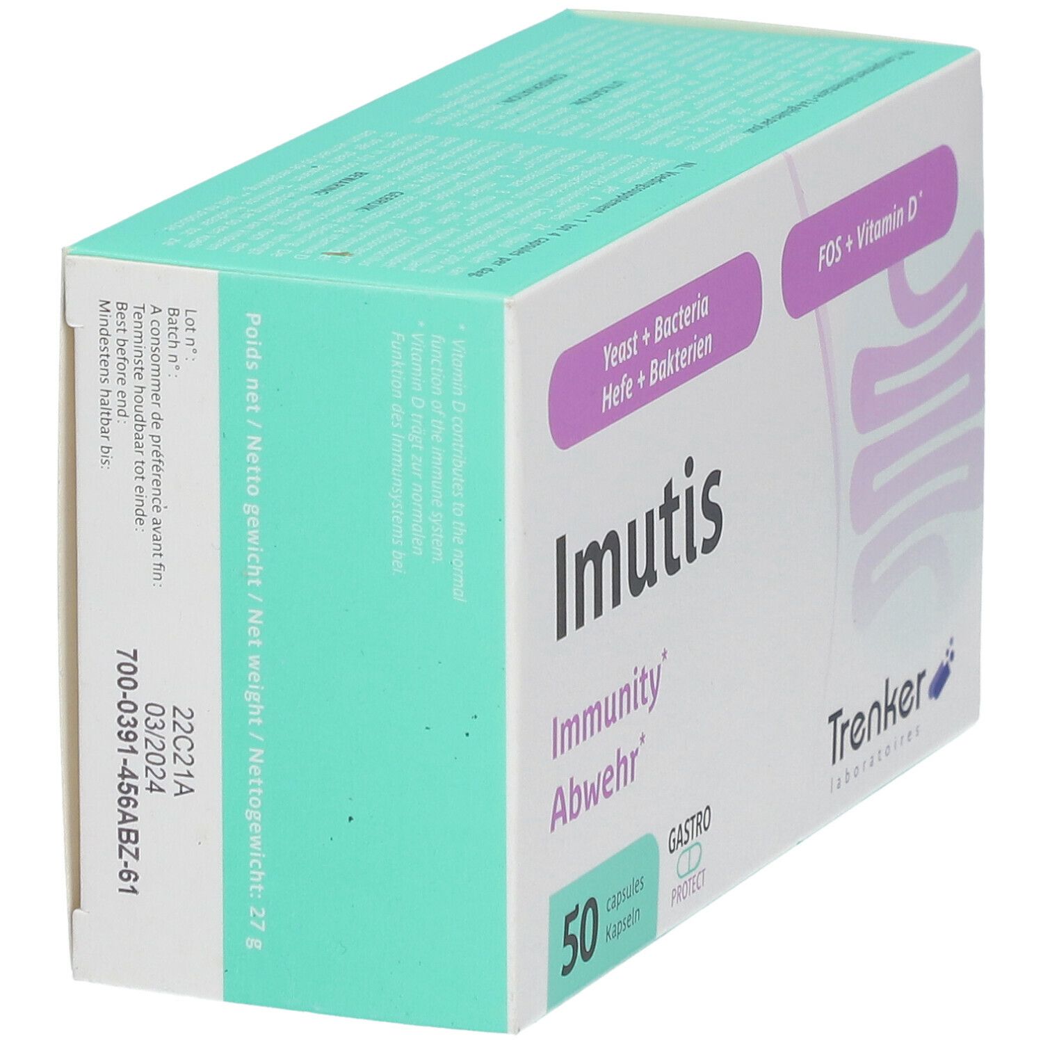 Boîte Imutis Immunity Abwehr, 50 gélules. Inscriptions : Yeast + Bacteria, FOS + Vitamine D, Gastro Protect. Marque : Trenker. Date de péremption.
