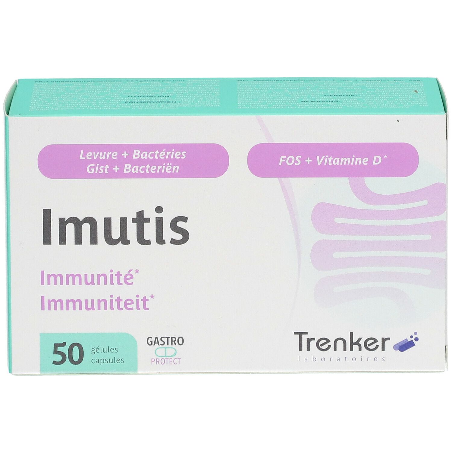 Boîte Imutis Immunité, 50 gélules. Inscriptions : Levure + Bactéries, FOS + Vitamine D, Gastro Protect. Marque : Trenker.