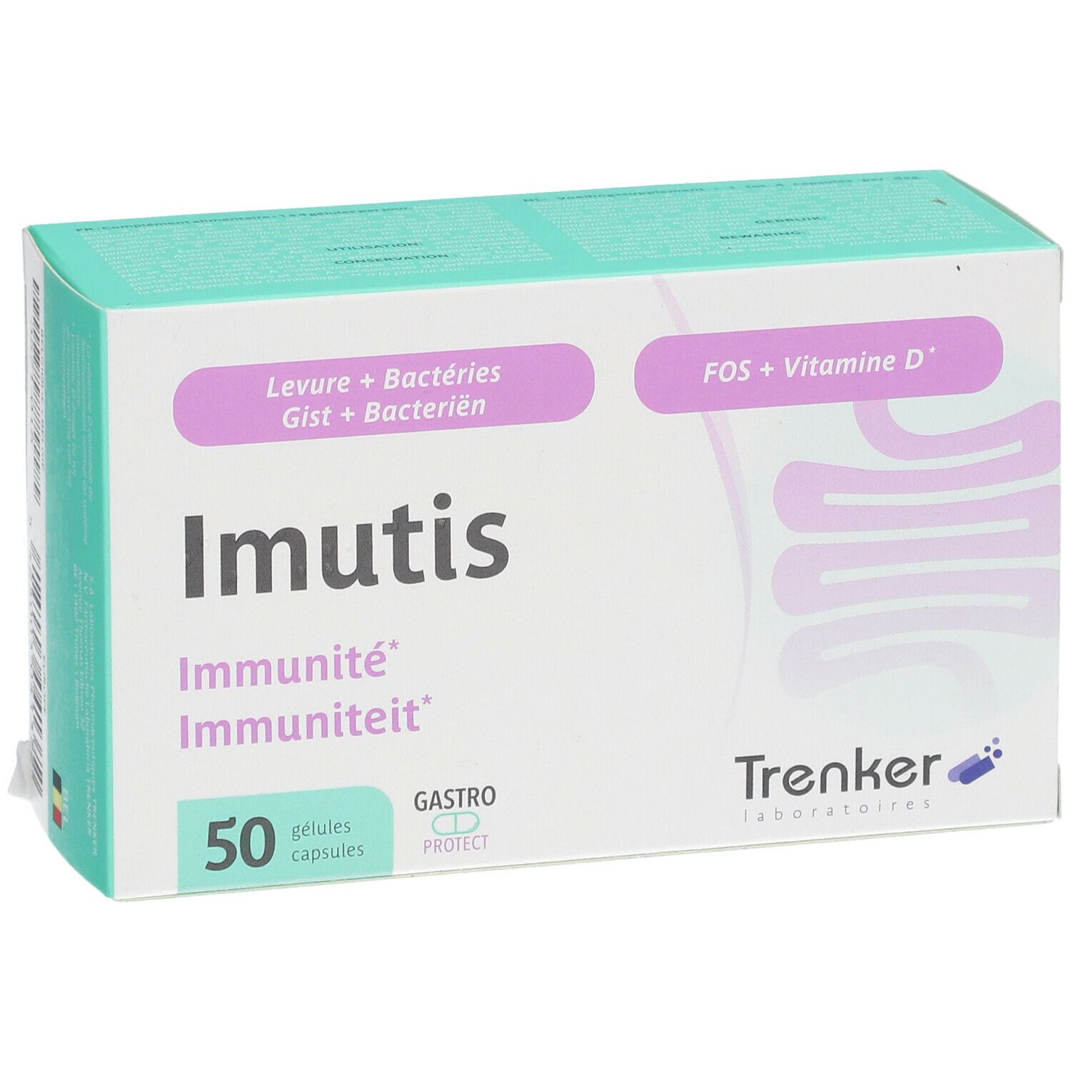 Boîte Imutis Immunité, 50 gélules. Inscriptions : Levure + Bactéries, FOS + Vitamine D, Gastro Protect. Marque : Trenker.