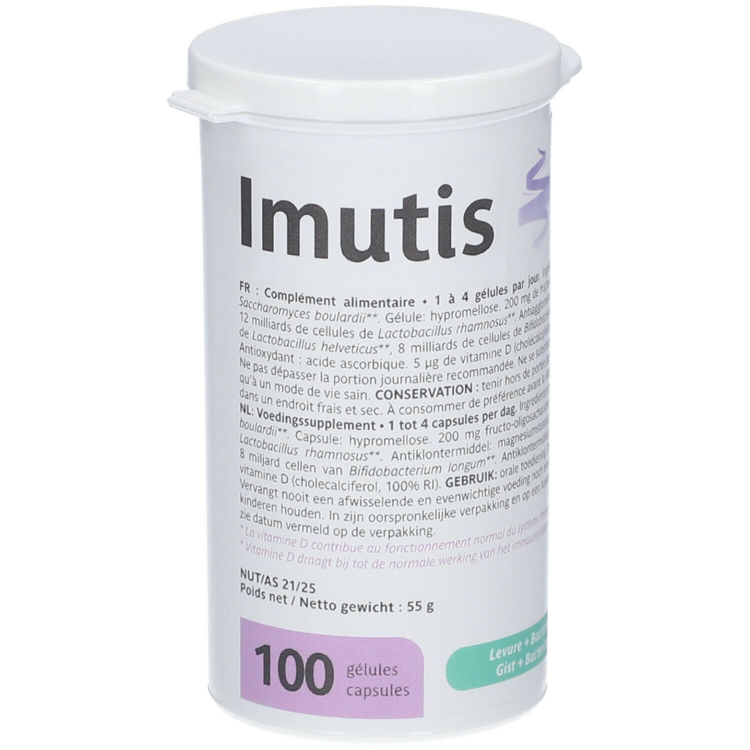 Boîte cylindrique blanche avec couvercle. Inscription : Imutis. 100 gélules. Texte en français et néerlandais.