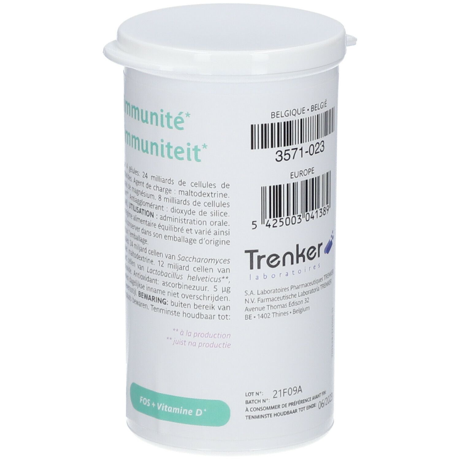 Boîte cylindrique blanche avec couvercle. Inscription : Immunité Immuniteit. Code-barres et texte en français et néerlandais.