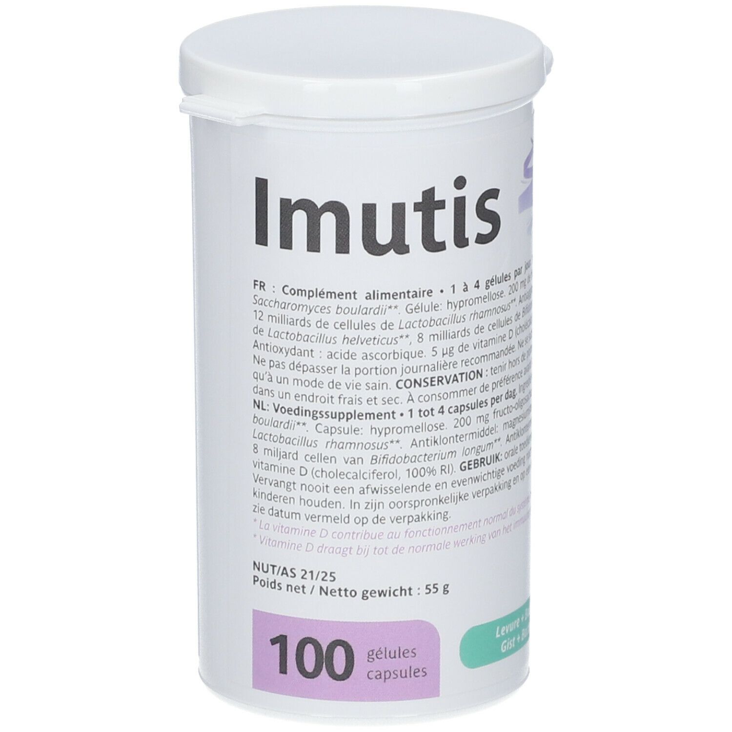 Boîte cylindrique blanche avec couvercle. Inscription : Imutis. 100 gélules. Texte en français et néerlandais.