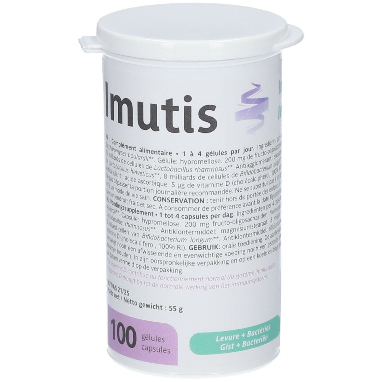 Boîte cylindrique blanche avec couvercle. Inscription : Imutis. 100 gélules. Texte en français et néerlandais.
