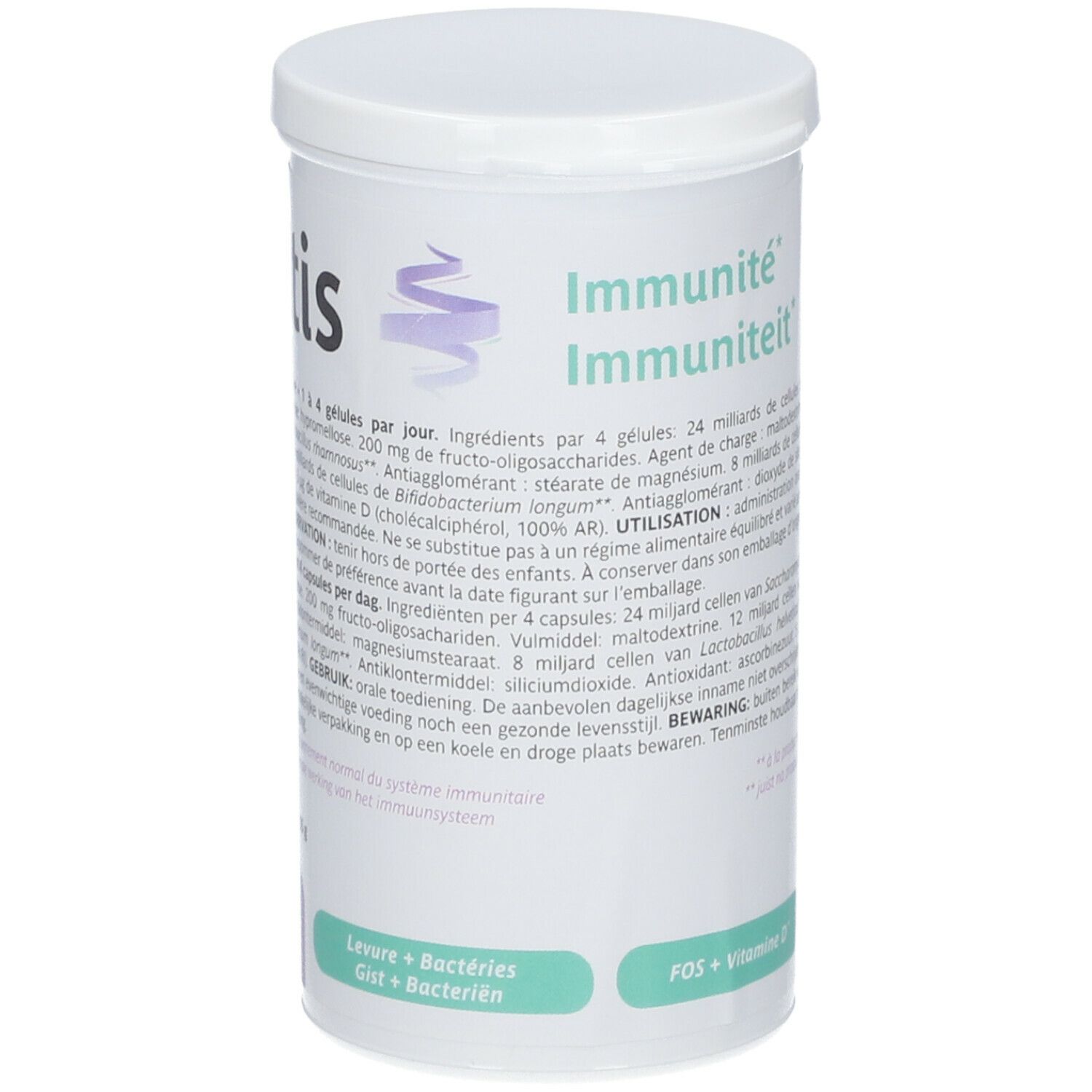 Boîte cylindrique blanche avec couvercle. Inscription : Immunité Immuniteit. 100 gélules. Texte en français et néerlandais.
