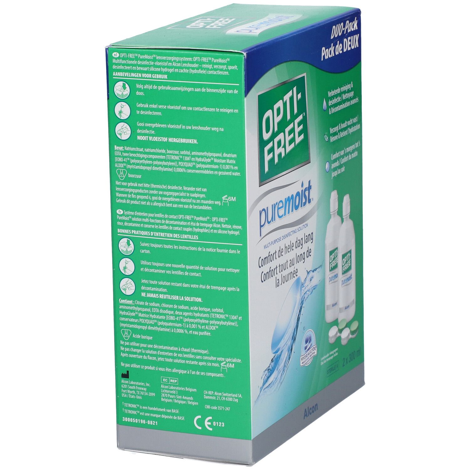 Dos de l'emballage OPTI-FREE PureMoist DUO-Pack. Texte multilingue. Contient des informations sur le produit et le fabricant.