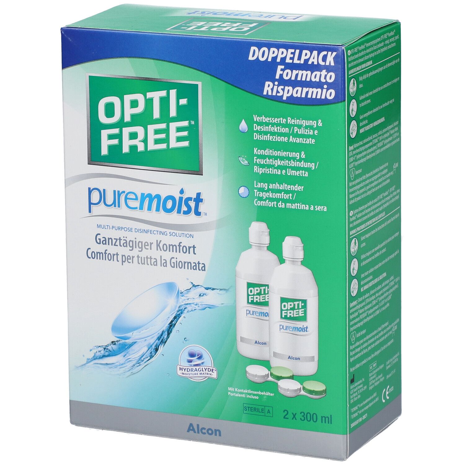 Emballage OPTI-FREE PureMoist Double Pack. Contient deux flacons et des étuis pour lentilles. Texte : "Confort tout au long de la journée".
