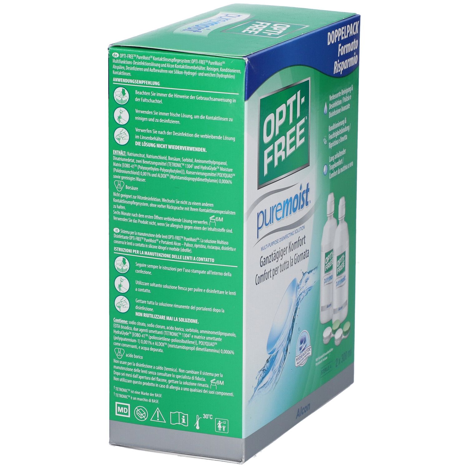 Dos de l'emballage OPTI-FREE PureMoist Double Pack. Texte multilingue. Contient des informations sur le produit et le fabricant.